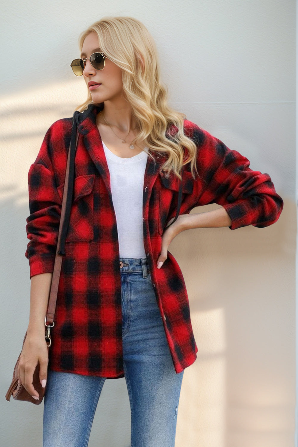 Double Take Drawstring Plaid Long Sleeve Hooded Shacket - Laazaar