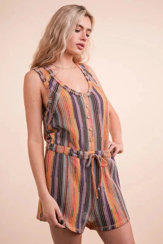 VERY J Crochet Multi Color Striped Casual Summer Romper