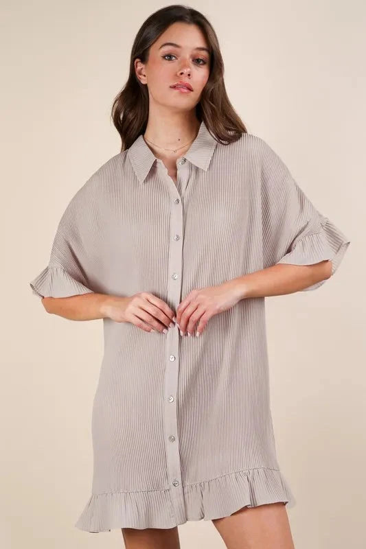 VERY J Pleated Detail Button Down Mini Dress