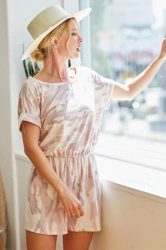 BiBi Camo Print French Terry Romper with Side Pockets