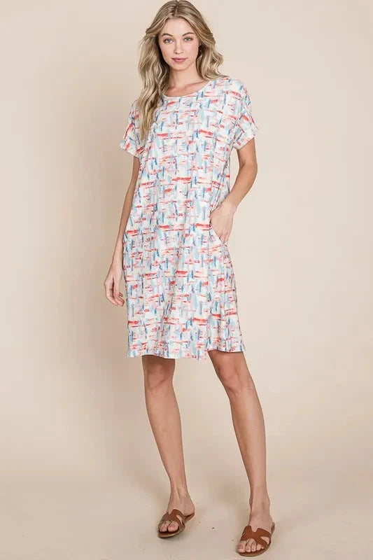 BOMBOM Printed Round Neck Short Sleeve Tee Dress