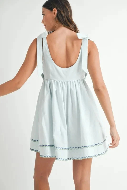 MABLE Zig Zag Embroidered Shoulder Tie Mini Dress