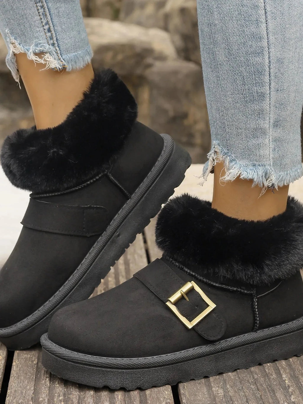 Fur-Lined Buckle Winter Ankle Boots
