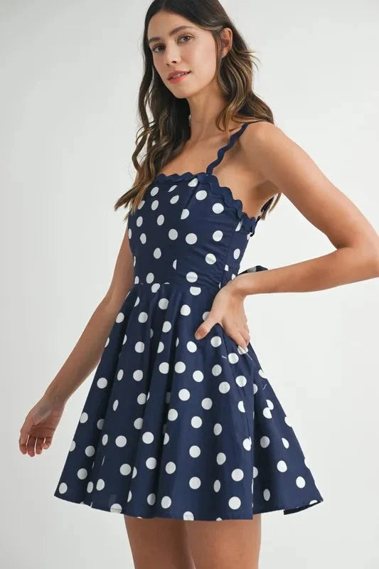 MABLE Polka Dot Mini Dress with Ricrac Trim Strap