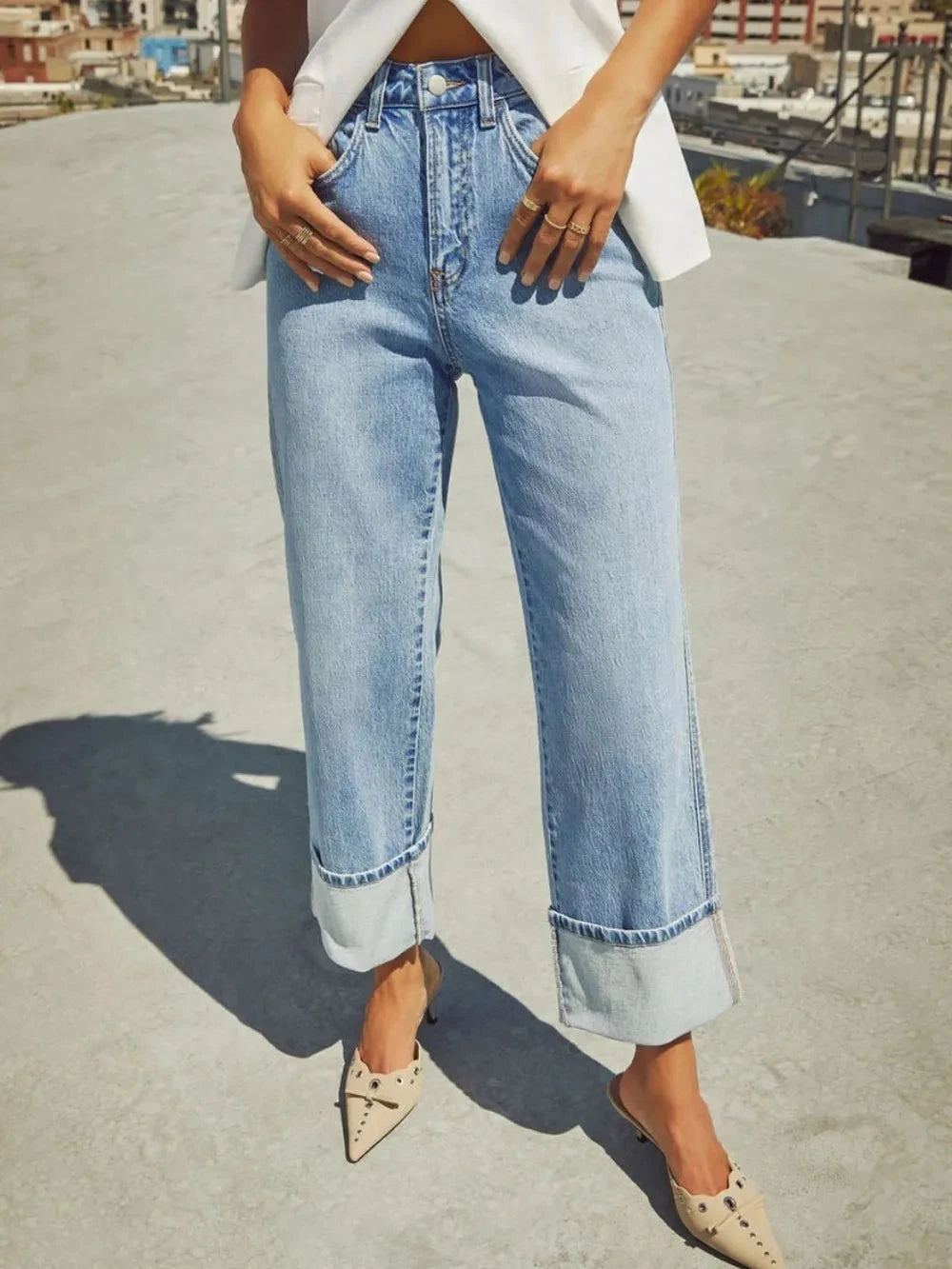 High Waisted Straight Leg Rolled Jeans