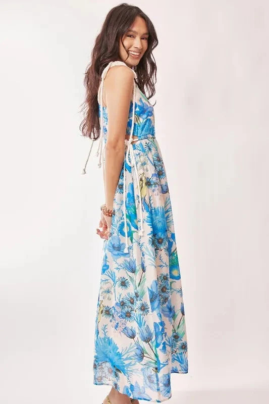 Davi & Dani Tropical Boho Printed Detail Cut Out Maxi Dress