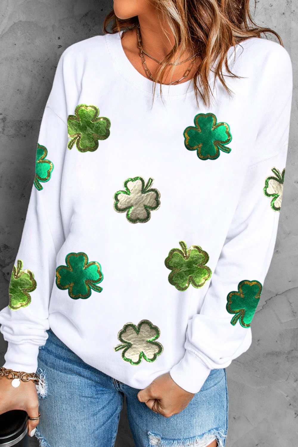 Lucky Clover Round Neck Long Sleeve Sweatshirt - Laazaar
