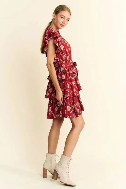 Davi & Dani Ruffle Flutter Sleeve Tie Belt Tiered Mini Dress