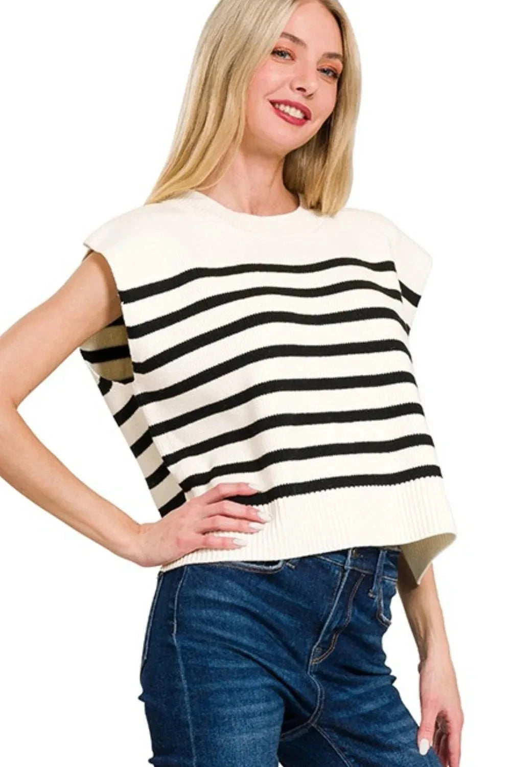 Zenana Oversized Crew Neck Stripe Sweater Vest