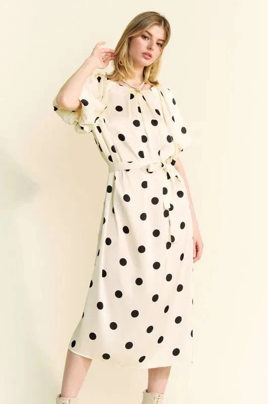 Davi & Dani Polka Dot Puff Sleeves Waist Tie Midi Dress