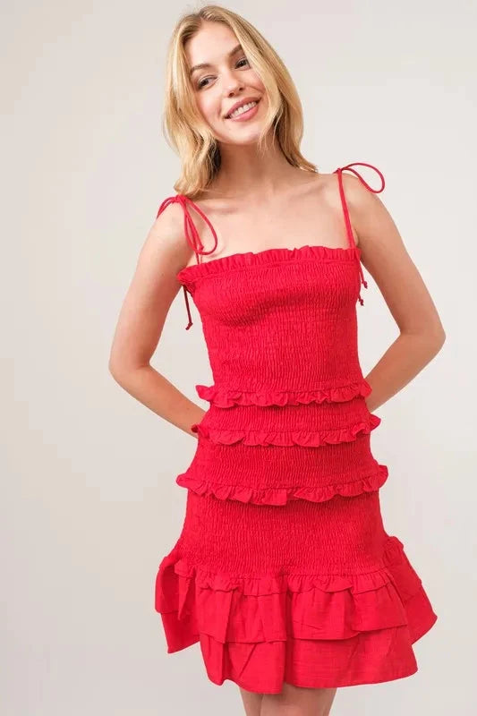 And The Why Tied Straps Ruffled Smocked Dress