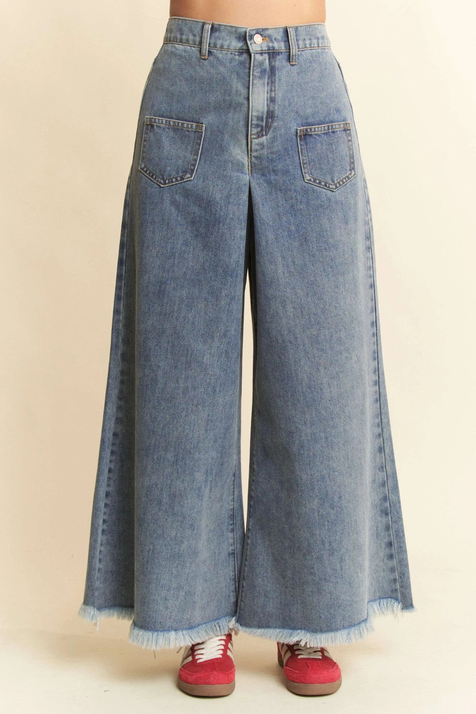 Davi & Dani Patch Pocket Wide Leg Culotte Jeans