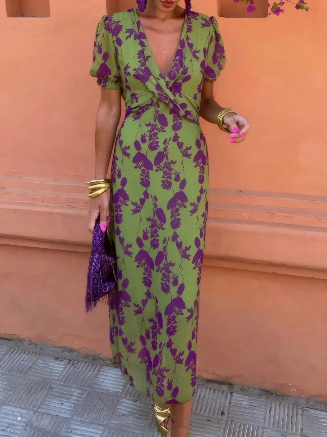 Printed Plunge Short Sleeve Midi Dress