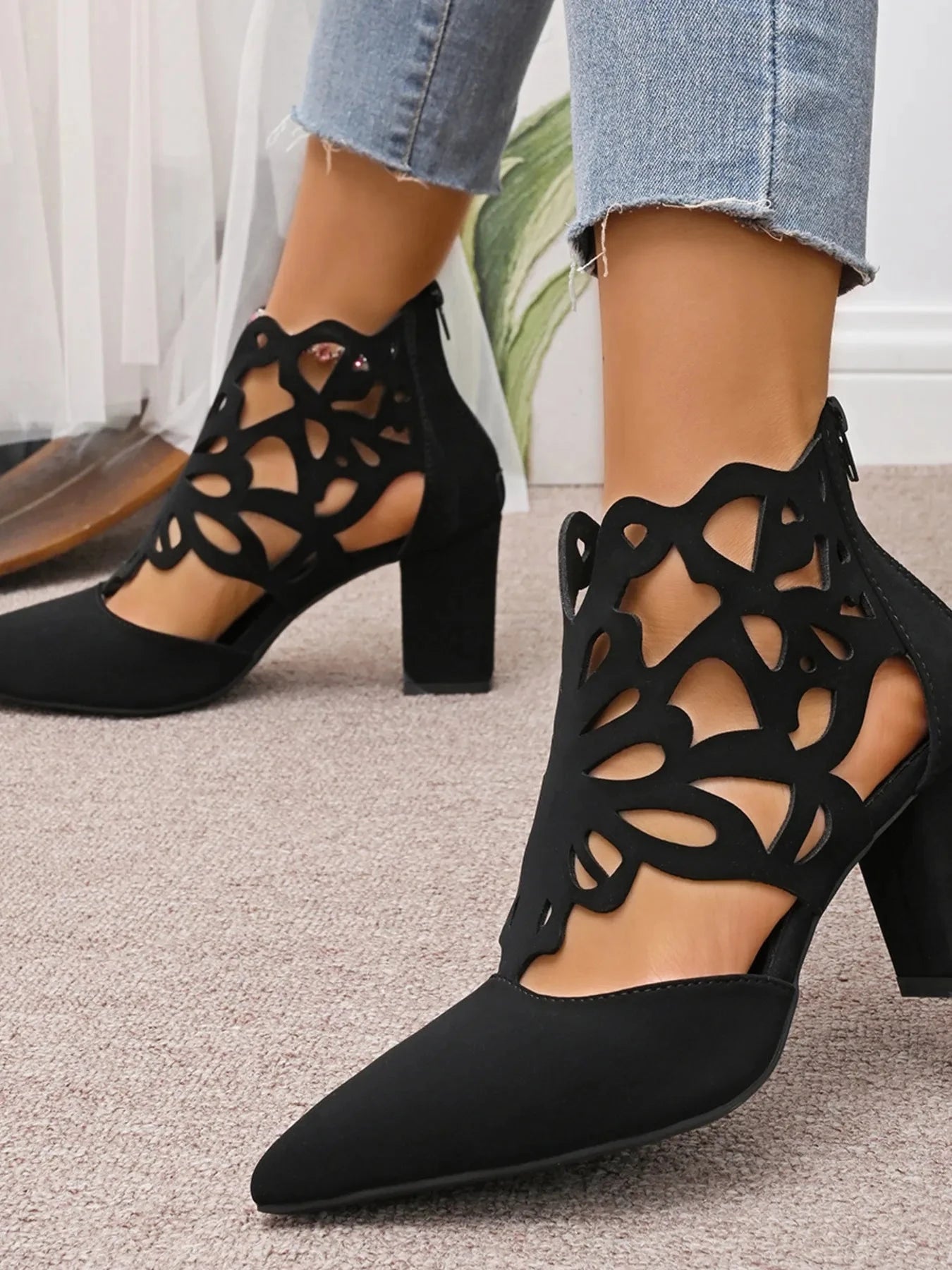 Pointed Toe Cut-Out Block Heel Pumps