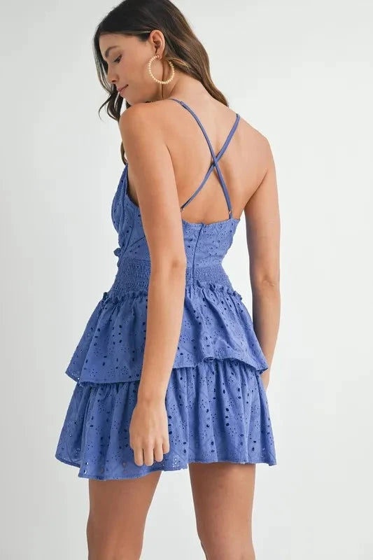 MABLE Lace Eyelet Ruffle Mini Dress With Front Cutout