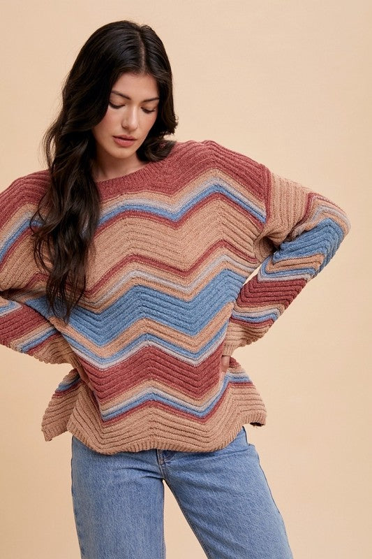 Annie Wear Multi Color Zig-Zag Round Neck Sweater - Laazaar