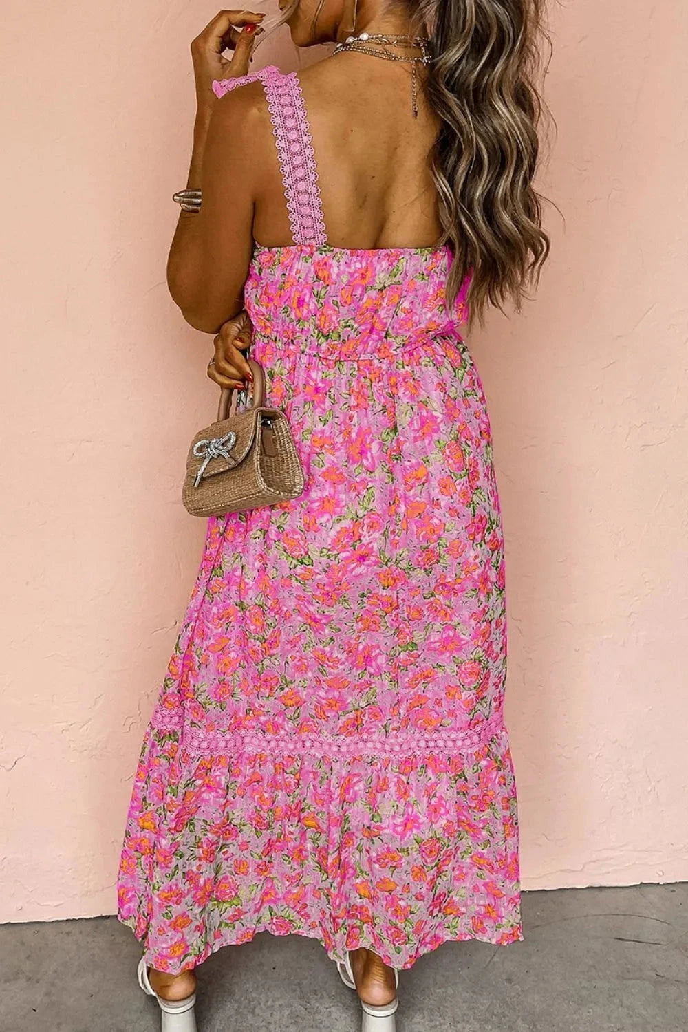 Floral Lace Wide Strap Square Neck Maxi Dress