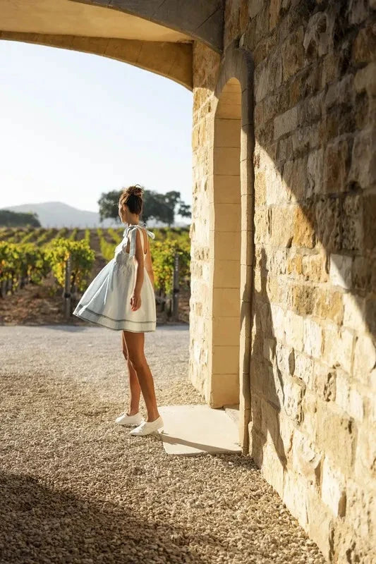 MABLE Zig Zag Embroidered Shoulder Tie Mini Dress