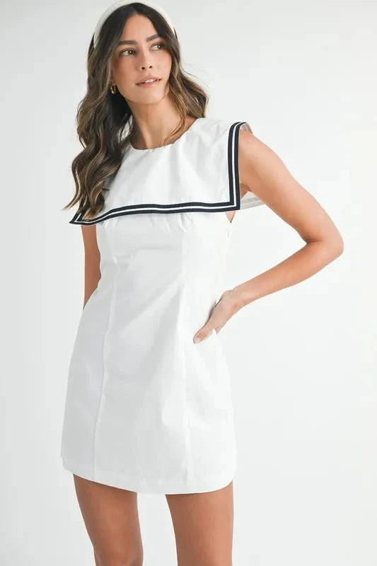 MABLE Contrast Piping Square Sailor Collar Mini Dress