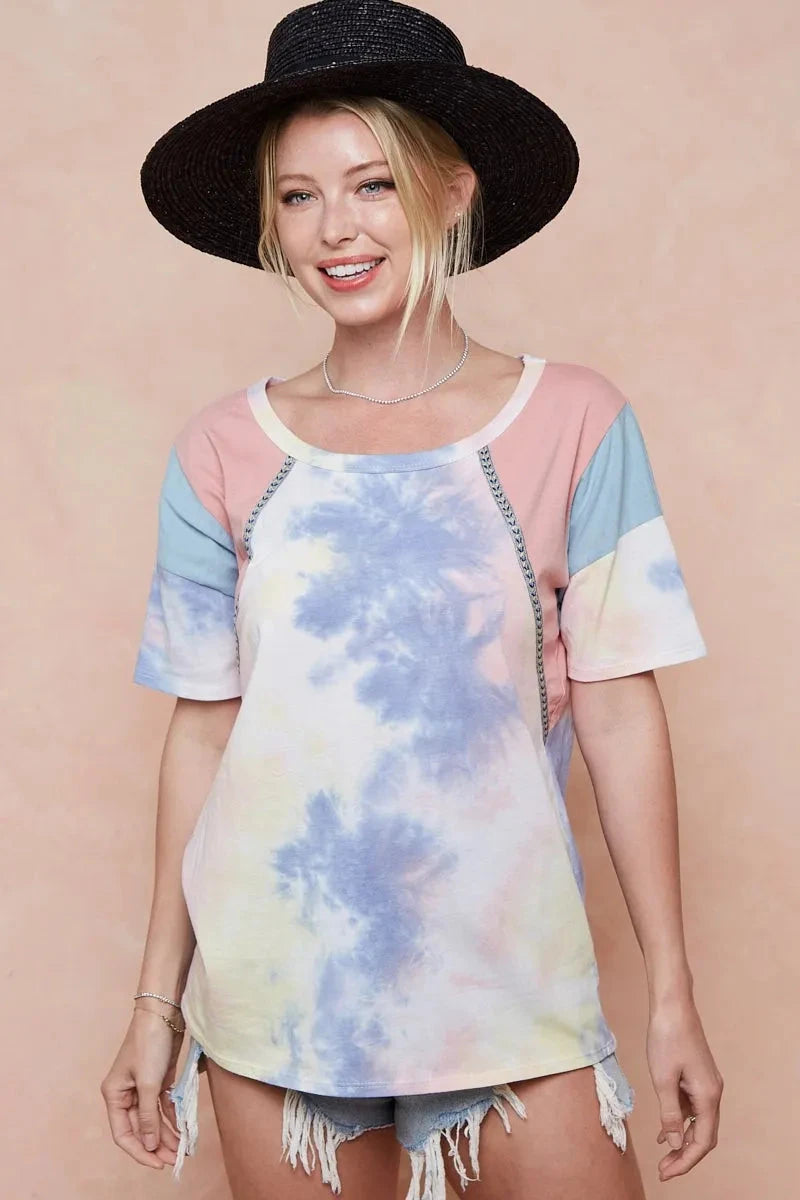 BiBi Tie Dye Printed Cotton Color Block T-Shirt