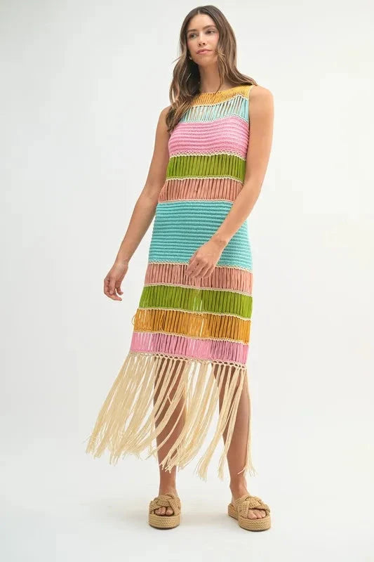 MABLE Multi Color Fringed Crochet Knit Dress