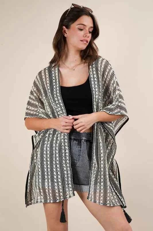 VERY J Full Size Striped Poncho Boho Cardigan Plus Size