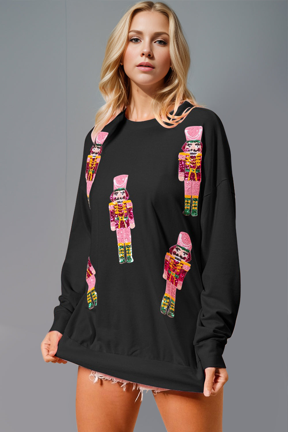 Double Take Sequin Nutcracker Round Neck Long Sleeve Sweatshirt - Laazaar