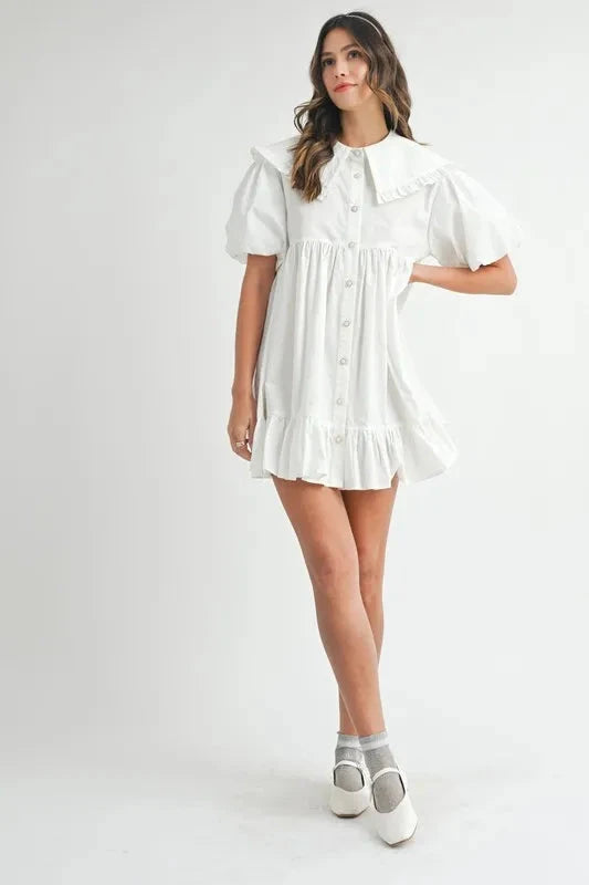 MABLE Ruffled Hem Peter Pan Collar Button Down Mini Dress