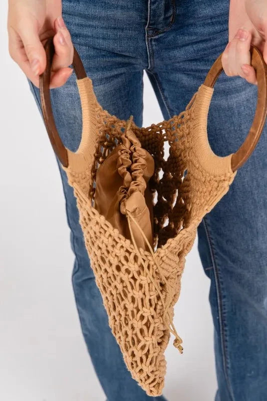 Fame Boho Braided Wooden Top Handle Bag