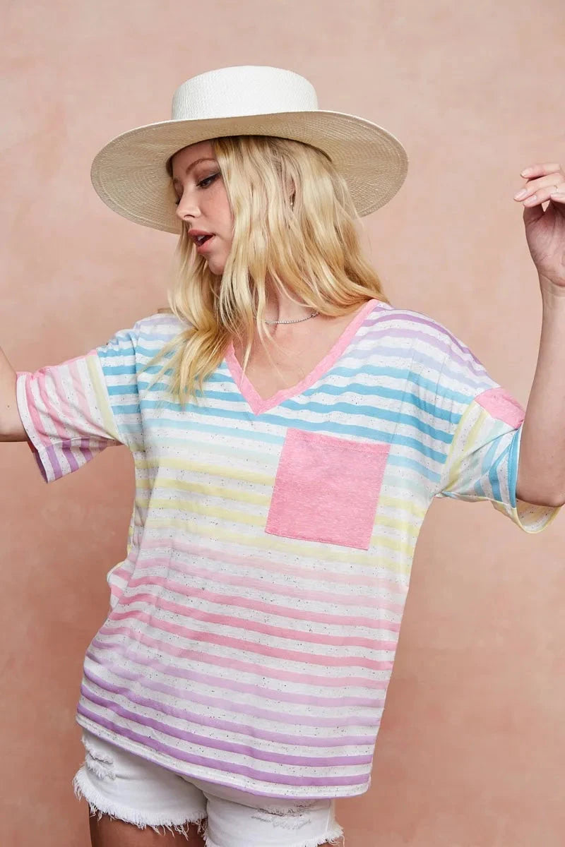 BiBi Rainbow Stripe Printed Triblend Knit Top
