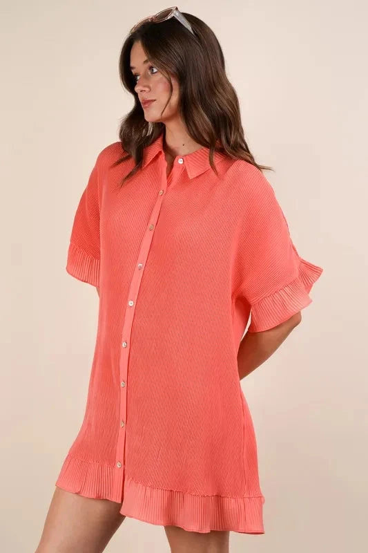 VERY J Pleated Detail Button Down Mini Dress