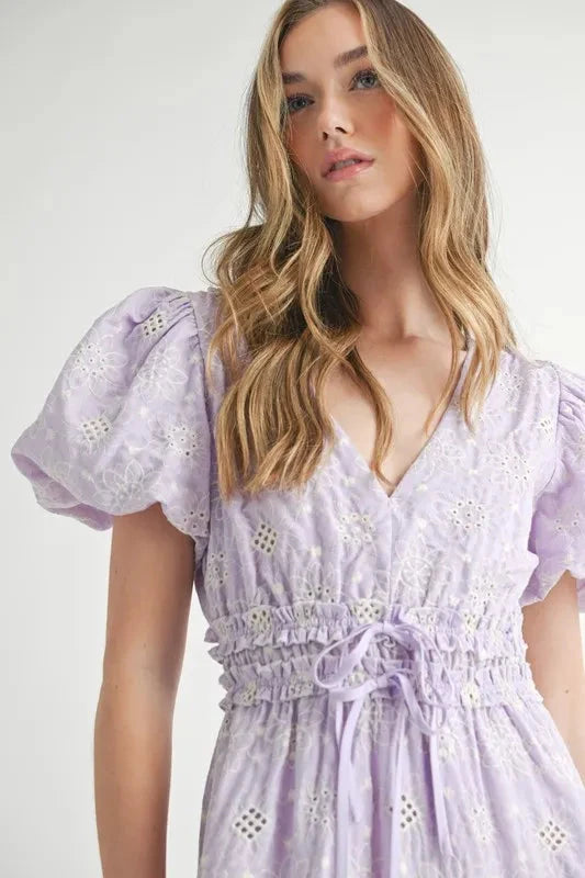 MABLE Eyelet Lace Puff Sleeve V Neck Midi Dress