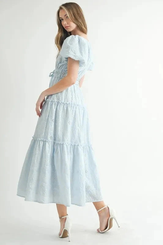MABLE Eyelet Lace Puff Sleeve V Neck Midi Dress