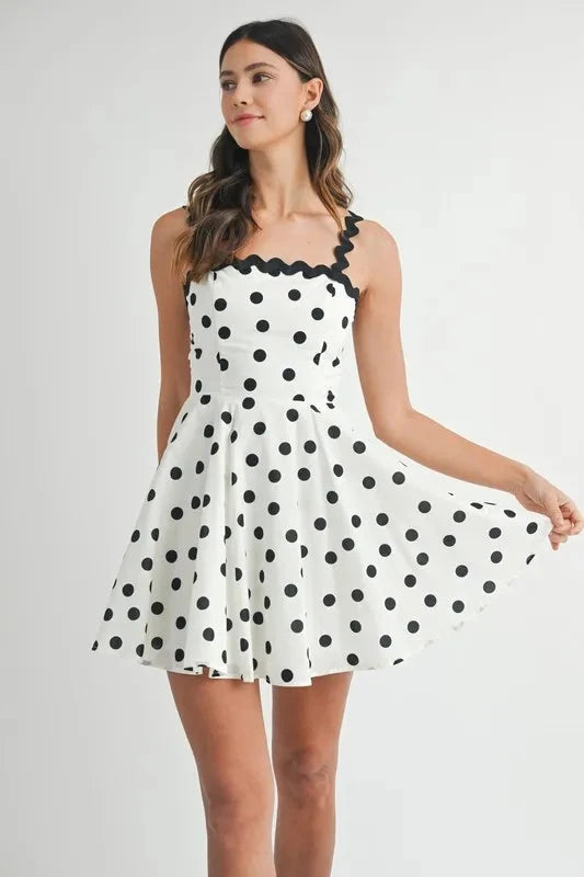 MABLE Polka Dot Mini Dress with Ricrac Trim Strap