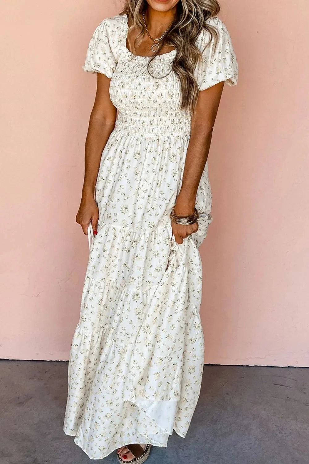 Floral Smocked Short Puff Sleeve Maxi Dress