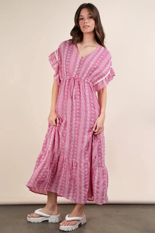 VERY J Embroidered Boho Ruffled Midi Dress