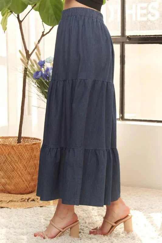 ADORA Waist Band Tiered Denim Maxi Skirt