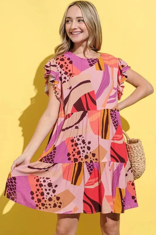 And The Why Printed Double Ruffles Sleeve Dress