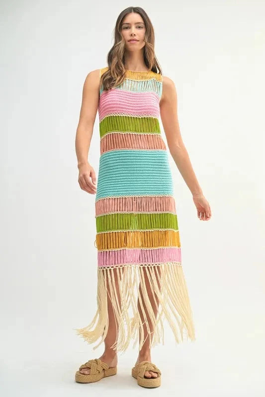 MABLE Multi Color Fringed Crochet Knit Dress