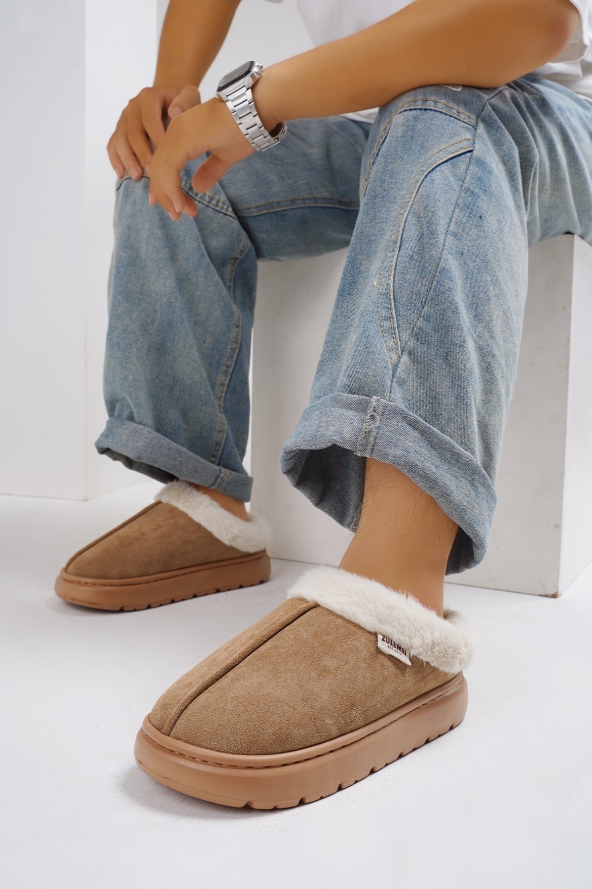 Furry Round Toe Platform Slippers - Laazaar