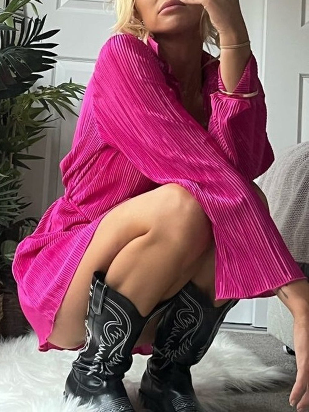 Tied Button Up Long Sleeve Dress - Laazaar