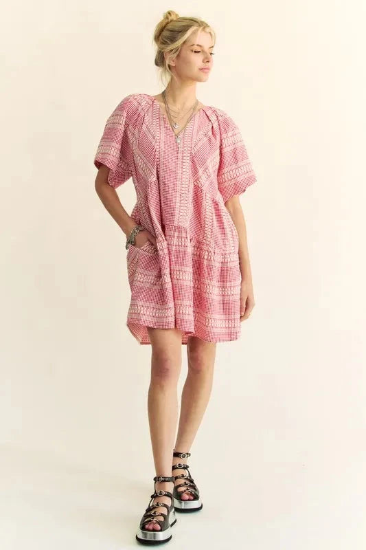 Davi & Dani Embroidered Stripe Ruffled Gingham Mini Dress