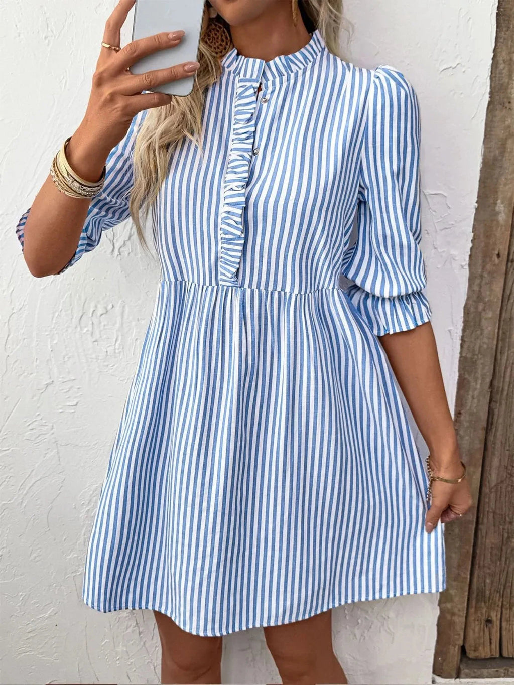 Striped Half Sleeve Mini Shirt Dress