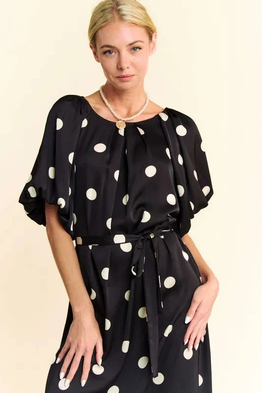 Davi & Dani Polka Dot Puff Sleeves Waist Tie Midi Dress