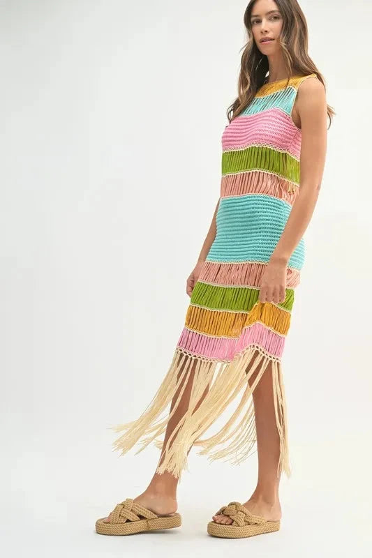 MABLE Multi Color Fringed Crochet Knit Dress