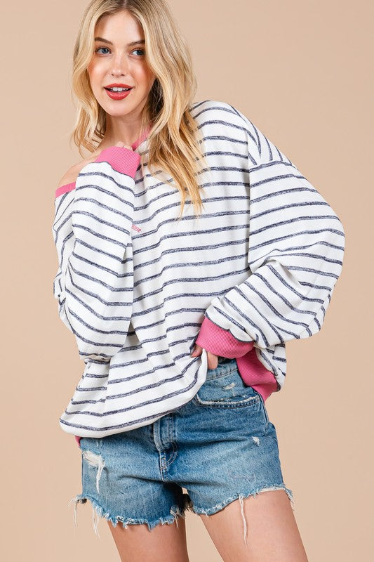 Ces Femme Striped Round Neck Drop Shoulder Sweatshirt - Laazaar