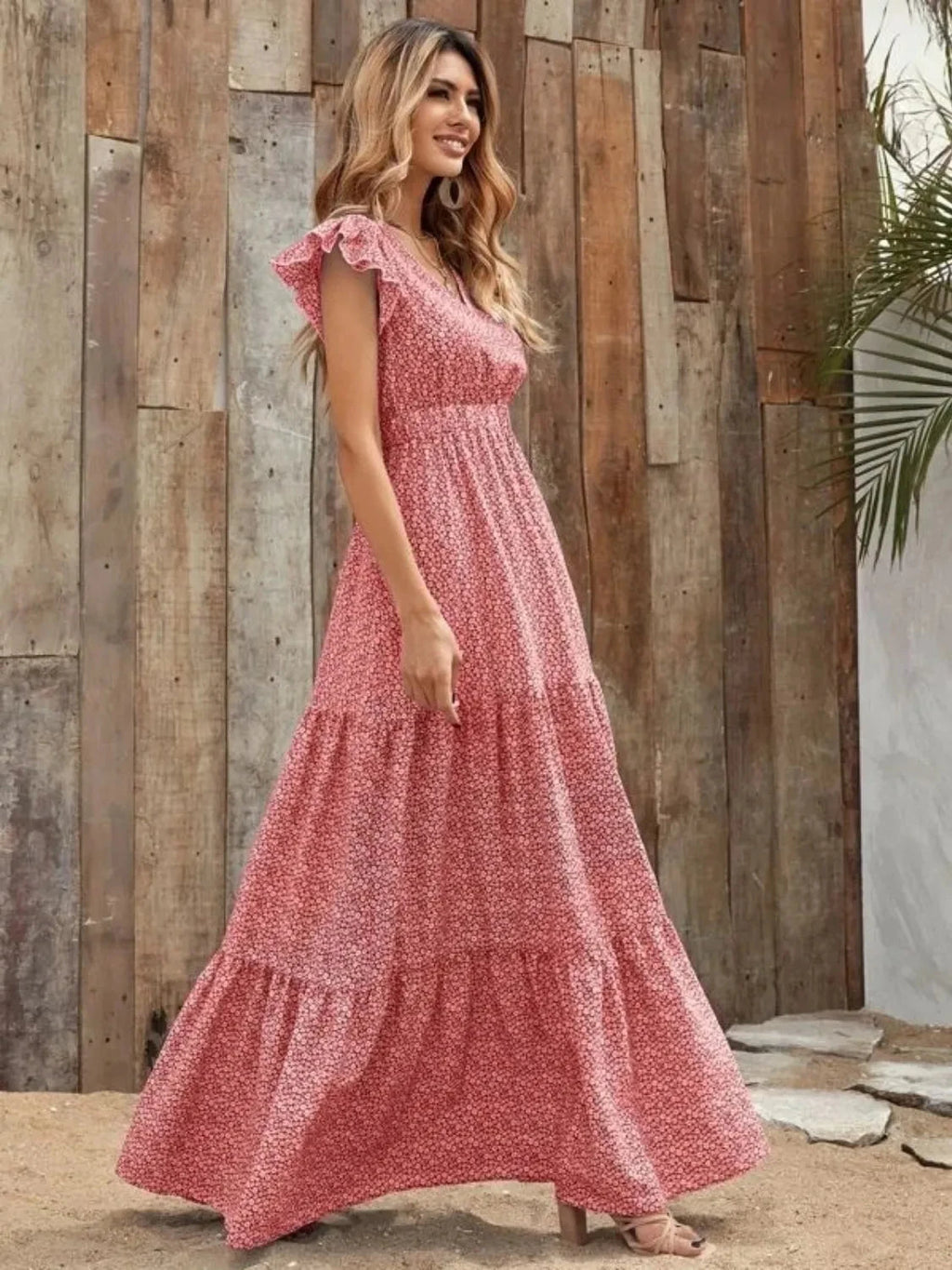 Printed V-Neck Ruffled Cap Sleeve Maxi Dress