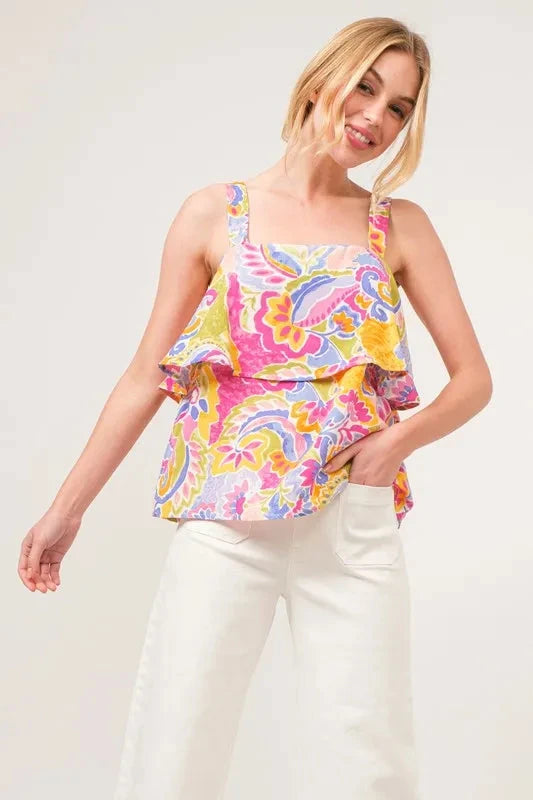 And The Why Square Neck Tiered Paisley Printed Top