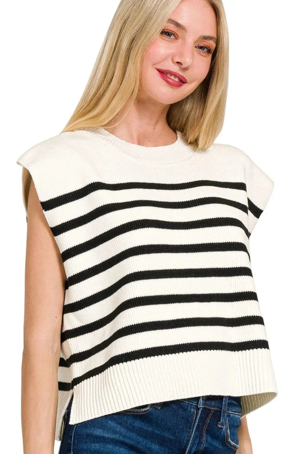Zenana Oversized Crew Neck Stripe Sweater Vest