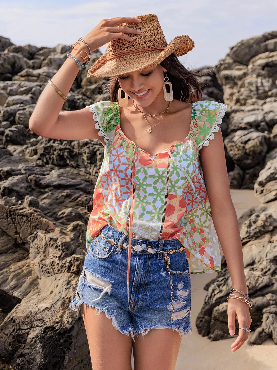 Lace Detail Printed Tie Neck Cap Sleeve Blouse